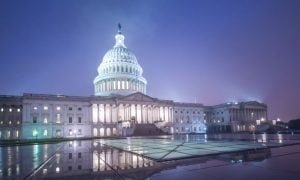 White Lights Shine Bright Inside the US State Capitol Building During Evening Hours