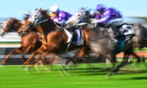 Slow Exposure Shows a Blurred Out Image of Three Horses Racing on A Grass Track