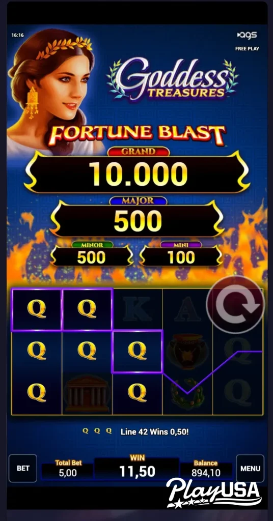 Win screen from the Goddess Treasures slot game