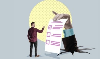 Art Collage of Man Standing in Front of Oversized Questionnaire Held By Hand