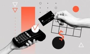 Woman's Hand Holds Out Black Credit Card to POS Terminal, Collage on Gray Background