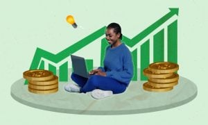 Green Bar Graph With Arrow and Stacks Of Gold Coins Surround Young Lady Using Laptop