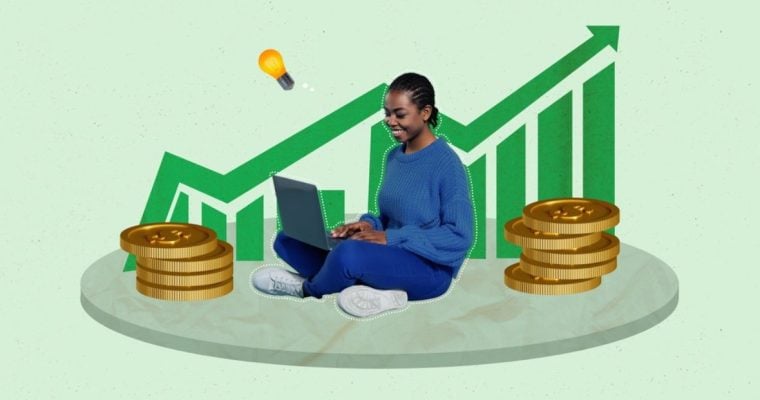 Green Bar Graph With Arrow and Stacks Of Gold Coins Surround Young Lady Using Laptop