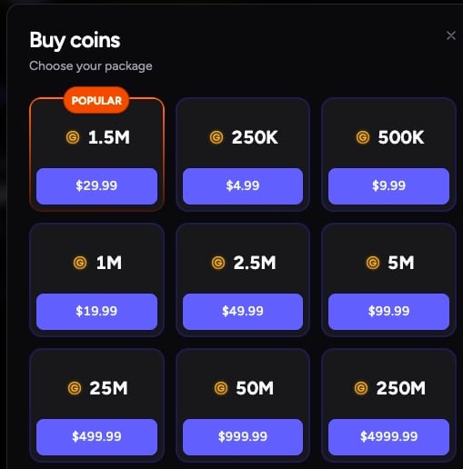 CoinsBack Social Casino coin packages