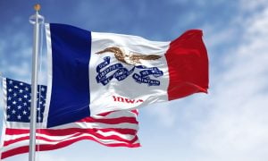 Blue Skies and Iowa State Flag Waving In Front Of US Flag