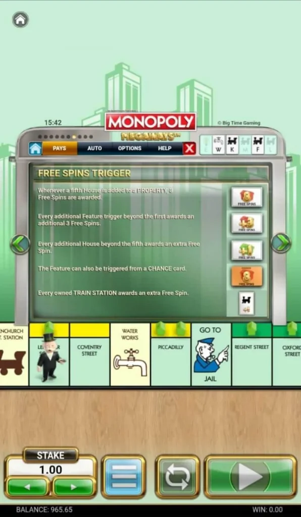 Monopoly Megaways Slot Paytable