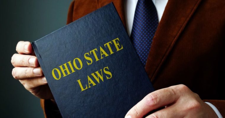 Man in Brown Suit Jacket Holds Blue Book With Ohio State Laws on Cover
