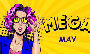 Retro Comic Book Style Illustration Of Woman on Yellow Sunburst Background and Mega May Text