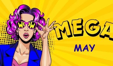 Retro Comic Book Style Illustration Of Woman on Yellow Sunburst Background and Mega May Text