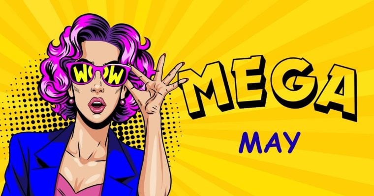 Retro Comic Book Style Illustration Of Woman on Yellow Sunburst Background and Mega May Text