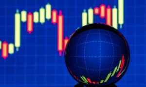 Blue Grid with Red and Green Financial Candlestick Graph and Crystal Ball