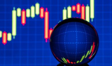 Blue Grid with Red and Green Financial Candlestick Graph and Crystal Ball