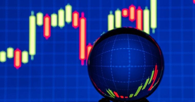 Blue Grid with Red and Green Financial Candlestick Graph and Crystal Ball