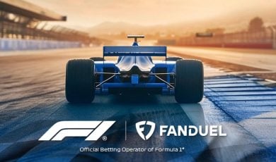 Blue F1 Car Sits Center Track With F1 and FanDuel Logos at the Bottom