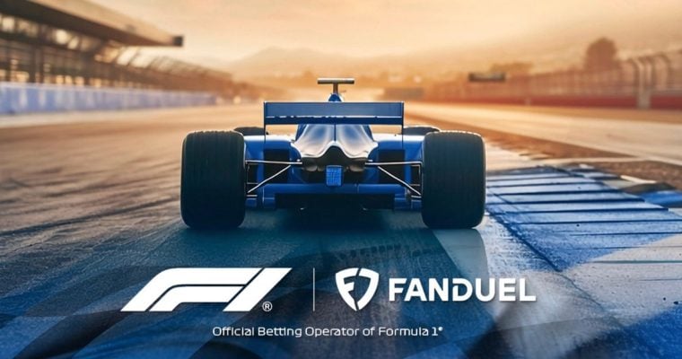 Blue F1 Car Sits Center Track With F1 and FanDuel Logos at the Bottom