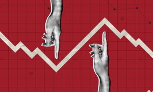 Red Grid Background with Hand Pointing Up and Another Points Down Down In Between White Financial Line