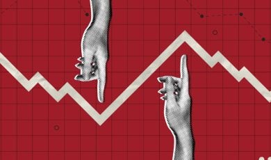 Red Grid Background with Hand Pointing Up and Another Points Down Down In Between White Financial Line