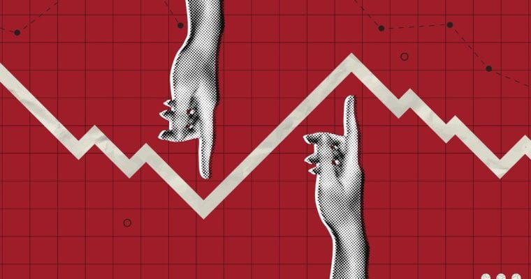Red Grid Background with Hand Pointing Up and Another Points Down Down In Between White Financial Line