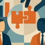 Illustration of Two Orange Puzzle Pieces Brought Together with Two Men Facing Each Other