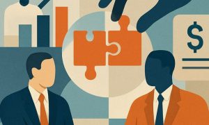 Illustration of Two Orange Puzzle Pieces Brought Together with Two Men Facing Each Other
