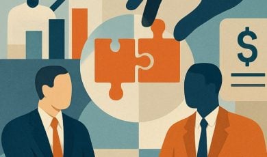 Illustration of Two Orange Puzzle Pieces Brought Together with Two Men Facing Each Other