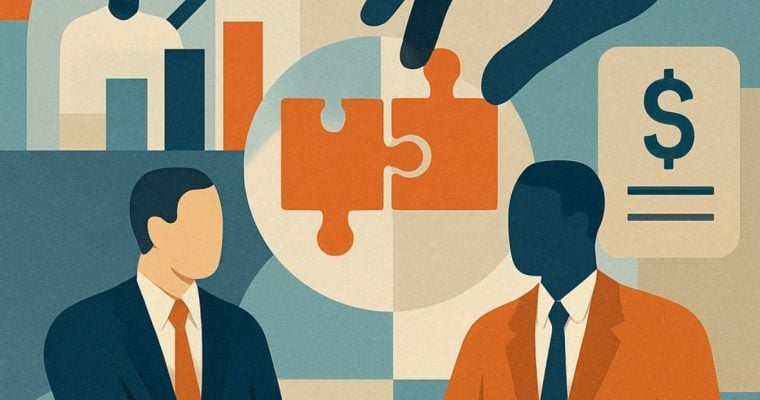 Illustration of Two Orange Puzzle Pieces Brought Together with Two Men Facing Each Other