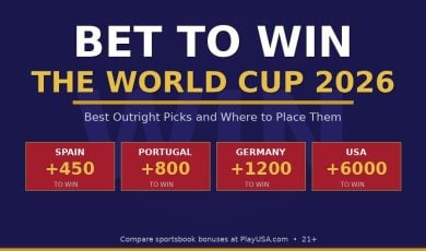 PlayUSA Image Says Bet To Win The World Cut 2026 with Red Boxes Containing Team Odds