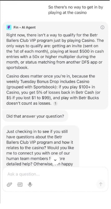 Betr Social Casino customer chatbot