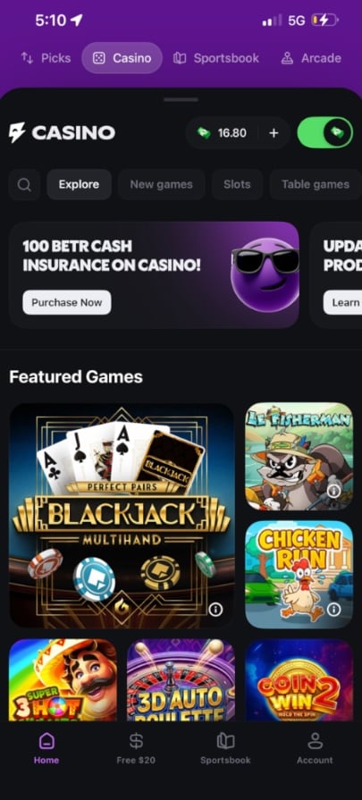 Betr Social Casino homescreen