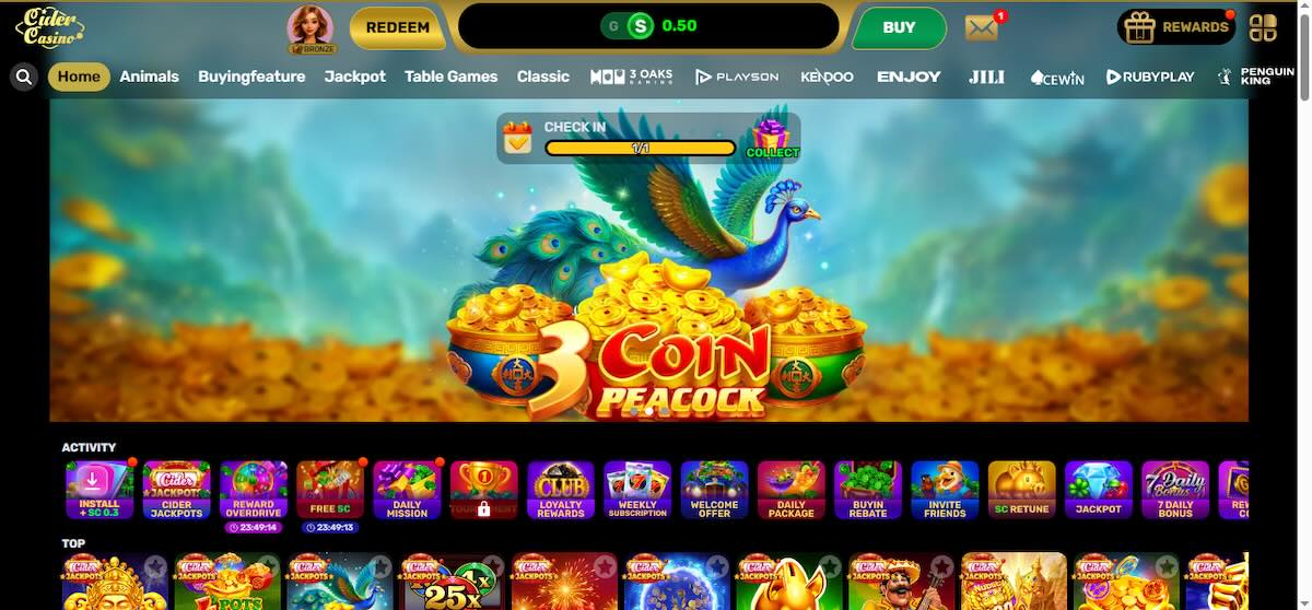 Cider Casino homescreen