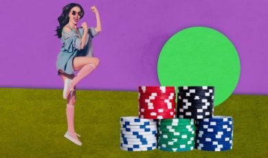 Online Gambling or Casino Concept with Happy Young Woman and Stacked Poker Chips
