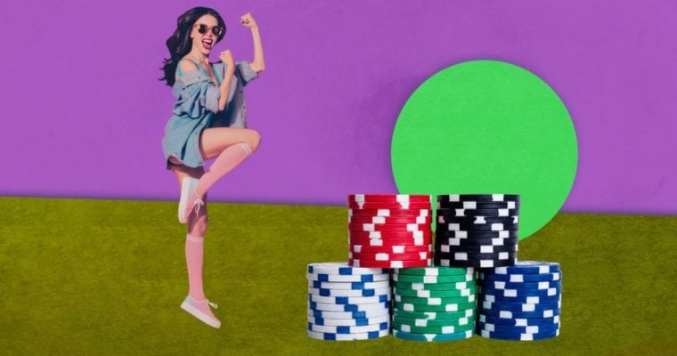 Online Gambling or Casino Concept with Happy Young Woman and Stacked Poker Chips