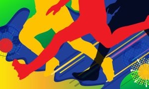 Color-Blocked Illustration of Soccer Players Running After Ball