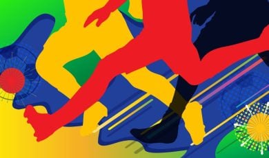 Color-Blocked Illustration of Soccer Players Running After Ball