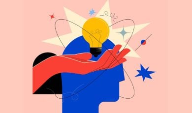 Colorful Art Collage of Hand Holding Lightbulb Inside of Blue Head