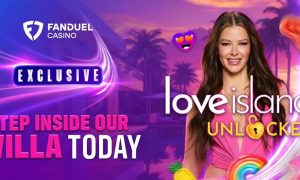 Love Island Unlocked Logo In Front of Pretty Brunette Woman with FanDuel Casino Logo