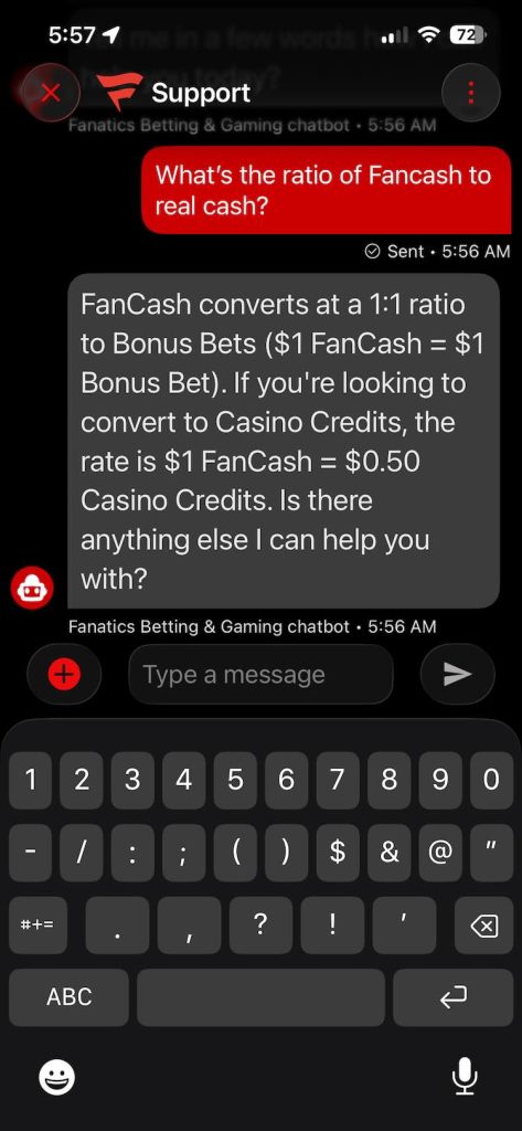 Fanatics Casino chatbot support