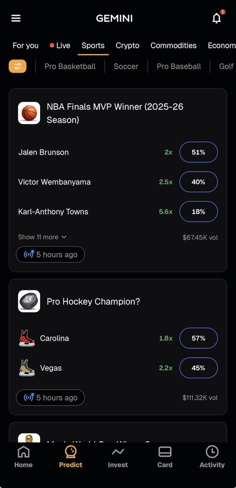 NBA prediction markets on the Gemini app