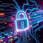Cybersecurity Concept, Digital Pad Lock and Circuits Overlay Code