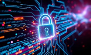 Cybersecurity Concept, Digital Pad Lock and Circuits Overlay Code