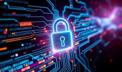 Cybersecurity Concept, Digital Pad Lock and Circuits Overlay Code