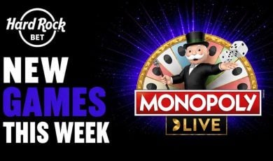 Mr. Monopoly and MONOPOLY Live Logo with Hard Rock Bet Logo on Black Background