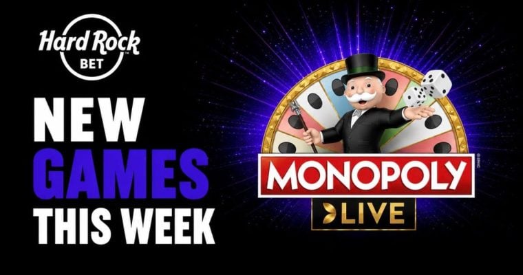 Mr. Monopoly and MONOPOLY Live Logo with Hard Rock Bet Logo on Black Background