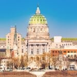 Blue Skies Behind Cityscape of Harrisburg, Pennsylvania with Capitol Building at Center