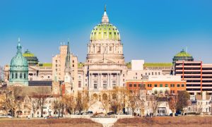 Blue Skies Behind Cityscape of Harrisburg, Pennsylvania with Capitol Building at Center
