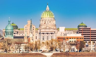 Blue Skies Behind Cityscape of Harrisburg, Pennsylvania with Capitol Building at Center