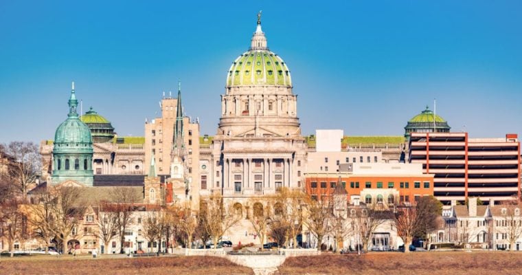 Blue Skies Behind Cityscape of Harrisburg, Pennsylvania with Capitol Building at Center