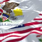 Close Up of Illinois State Flag Waving In front Of American Flag