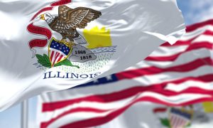 Close Up of Illinois State Flag Waving In front Of American Flag