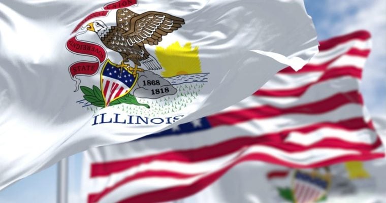 Close Up of Illinois State Flag Waving In front Of American Flag